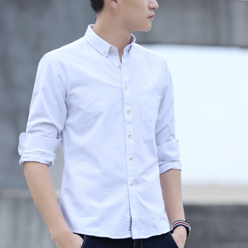 Oxford cotton long sleeve shirt men's large size solid color shirt youth casual white shirt Spring New inch clothing