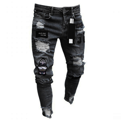 Foreign Trade New Zipper Jeans Men's Fashion Knee Ripped Zipper Foot Ripped New Men's Motorcycle Pants