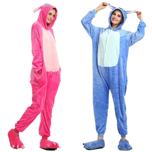 Flange Cartoon Velvet Blue Powder Stitch Animal Siamese Pajamas Cartoon Men's and Women's Winter Couple Pajamas