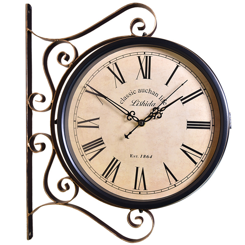 American retro silent double-sided clock personality antique creative two-sided clock Sun movement wrought iron clock
