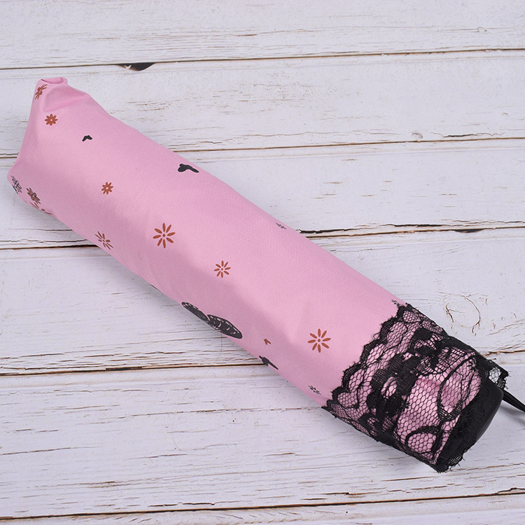 Butterfly Lace Printed Sunshade Umbrella Sunny Umbrella Three-fold Anti-wind Sunscreen Black Rubber Umbrella Factory Outlet