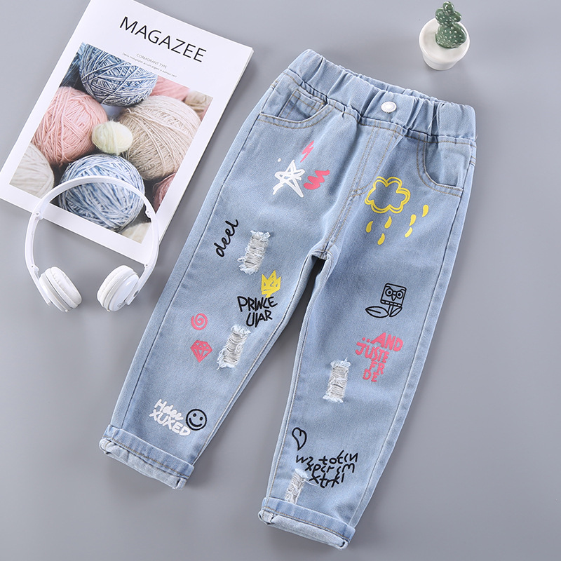 Girls jeans spring and autumn new playful cute cartoon printed denim pants spot direct supply a generation of hair