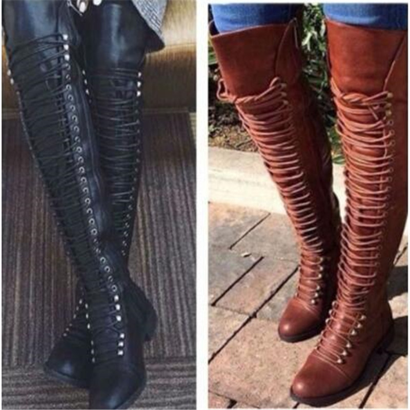 Autumn and winter New European and American women's boots cross strap knee-length boots Knight boots wish AliExpress foreign trade supply large size