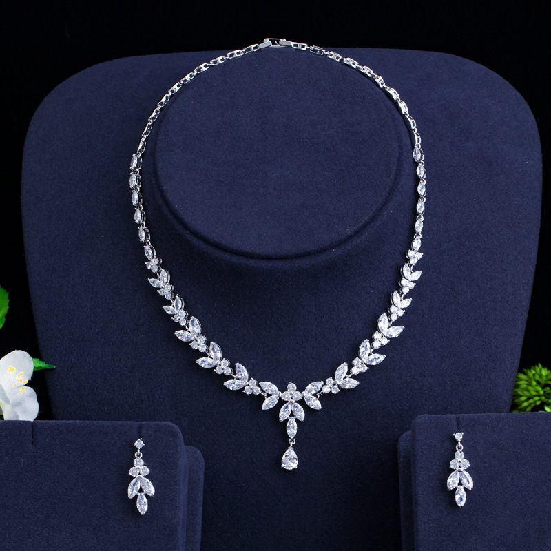 T0133 Korean Style Fashion Minimalist AAA Sapphires Set Earrings Necklace Two-Piece Wedding Evening Dress Accessories