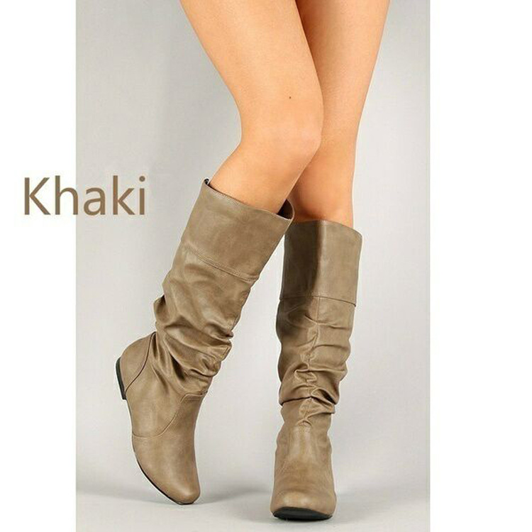 Cross-border foreign trade popular flat boots for women autumn and winter new hidden height PU leather surface round toe slip-on slimming women's boots