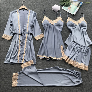 Pajamas Women's Summer Sexy Pajamas Five-piece Set Korean Style Sling Pajamas Women's Home Clothes with Chest Pad Nightgown Thin
