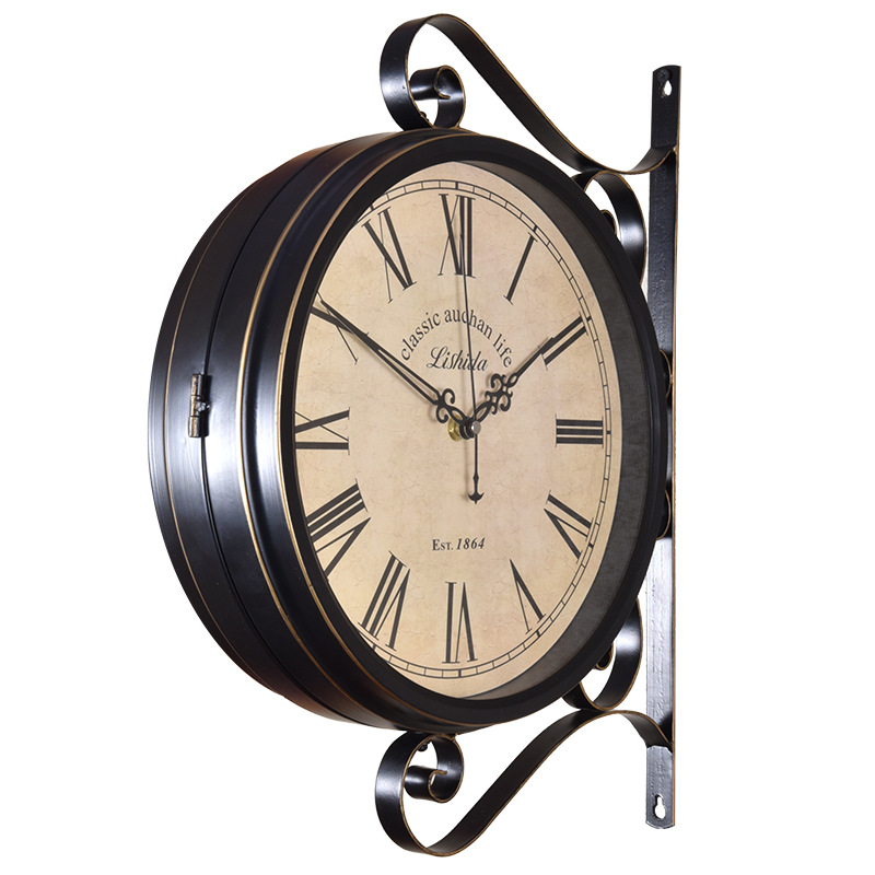 American retro silent double-sided clock personality antique creative two-sided clock Sun movement wrought iron clock