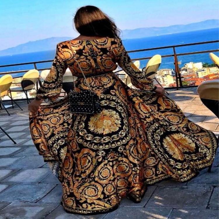 2023 Cross-border Explosions Spot European and American Retro Printed Dress V-Neck Pullover Retro Long Sleeve Large Split