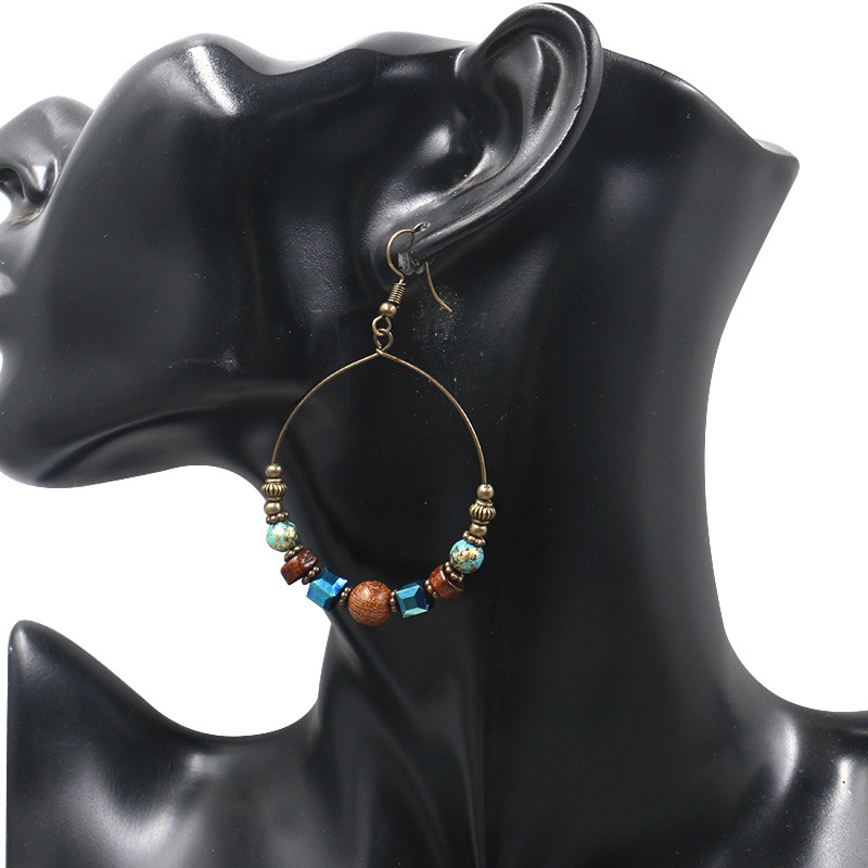 Cross-border Ethnic Style Large Circle Metal Earrings Women's European and American Fashion Round Earrings Creative Wooden Beads Turquoise Accessories