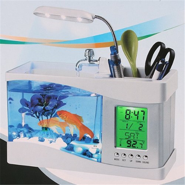 Factory direct LED small acrylic transparent aquarium USB multi-function desktop perpetual calendar mini fish tank