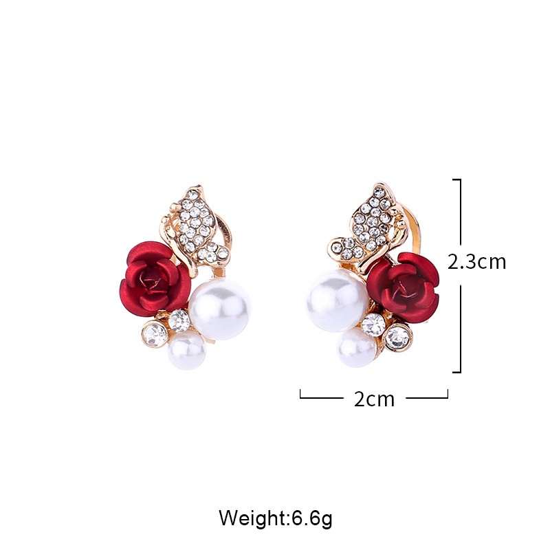 Europe and the United States New rose pearl diamond butterfly earrings fashion camellia flower ear clip jewelry