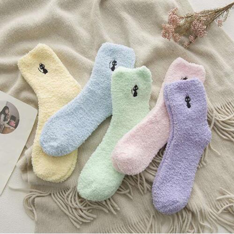 Winter and Spring New Arrival Thick Warm Cartoon Embroidered Cat Half-Fleece Coral Fleece Floor Women's Sleep Postpartum Socks