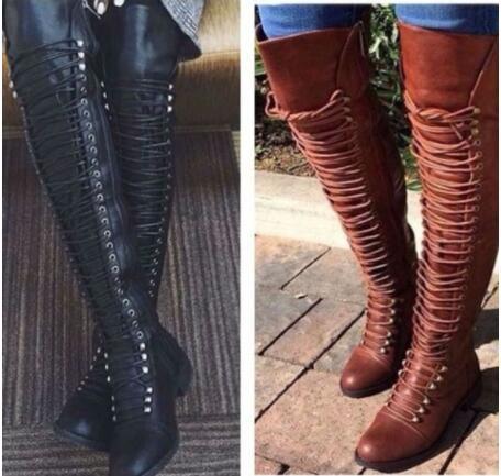 Autumn and winter New European and American women's boots cross strap knee-length boots Knight boots wish AliExpress foreign trade supply large size