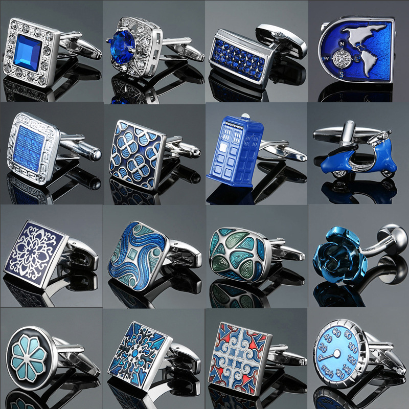 Glamour Jewelry Men's French Shirt Cufflinks Wholesale Blue Series Enamel Crystal Vintage Pattern Cufflinks