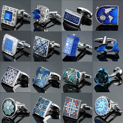 Glamour Jewelry Men's French Shirt Cufflinks Wholesale Blue Series Enamel Crystal Vintage Pattern Cufflinks