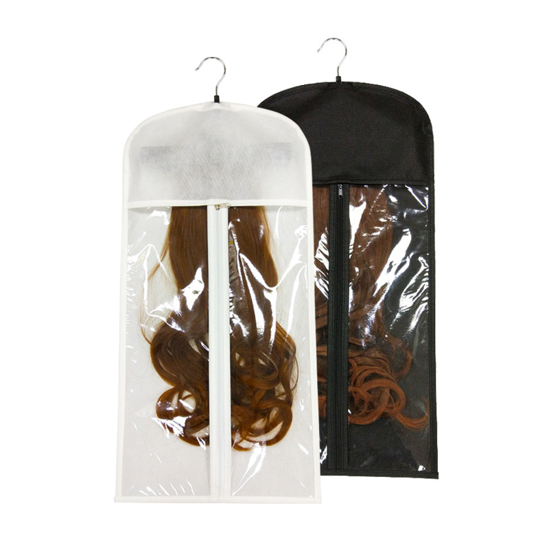 Promotion black and white non-woven wig bag dust cover moisture zipper cover hair storage hook bag source manufacturers