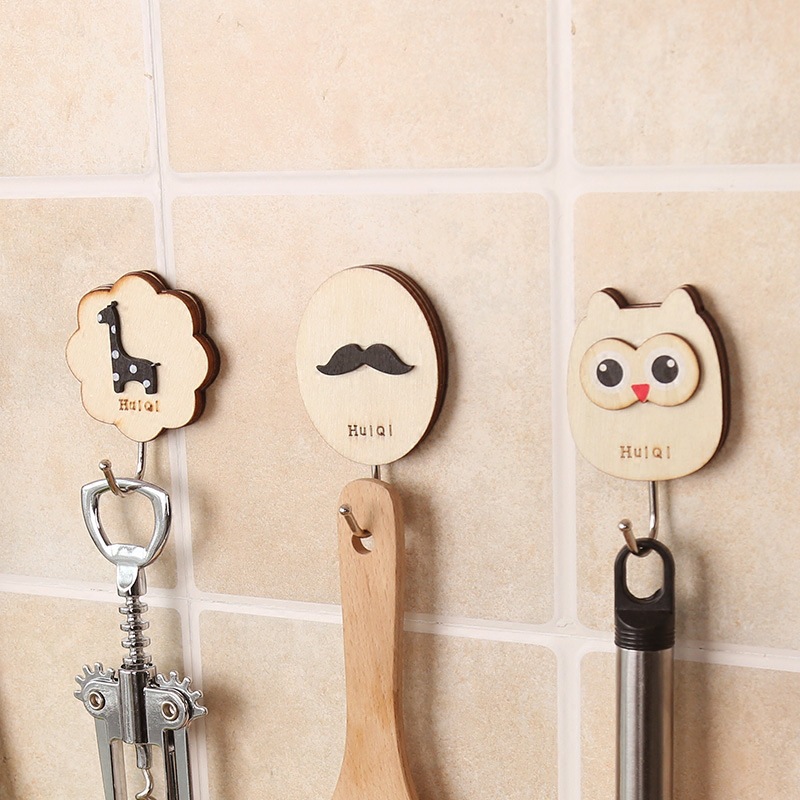 Wooden seamless viscose hook kitchen paste wall hook bathroom wall door behind strong solid wood hook
