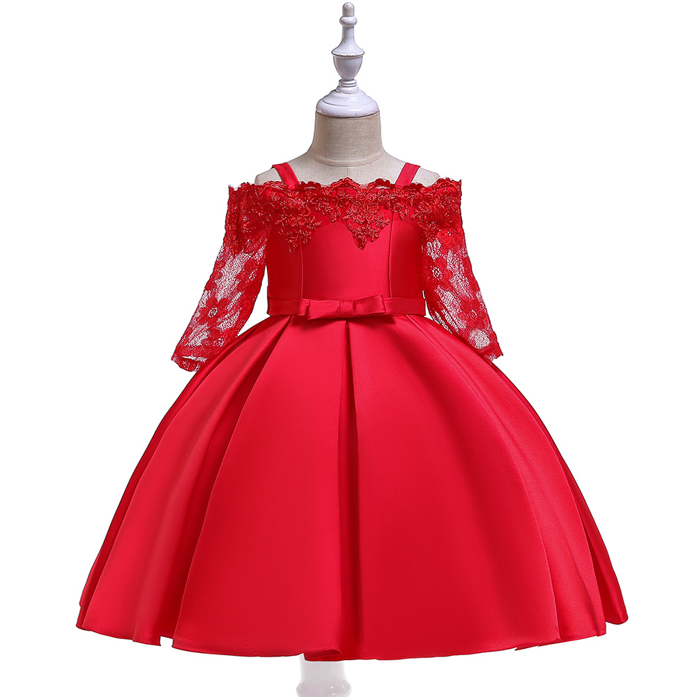 2024 New girls' princess dress off-shoulder strap dress lace hollow long sleeve dress twill satin embroidered dress