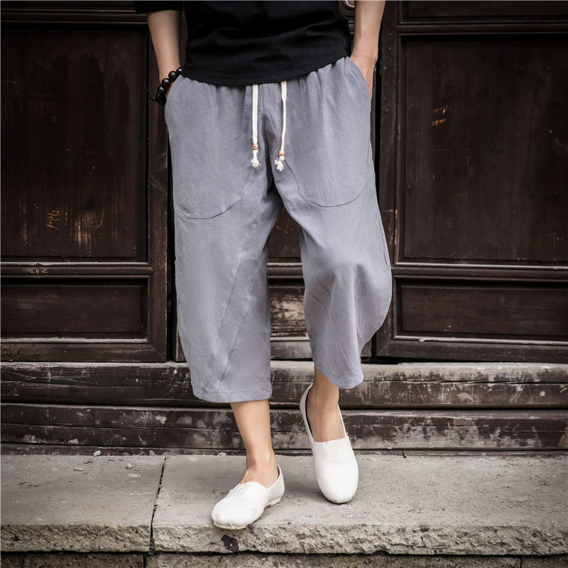 Loose Large Size Cotton and Linen Capri Pants K883 Trendy Men's Big Pants Fat Shorts Casual Wide Leg Linen Pants Summer