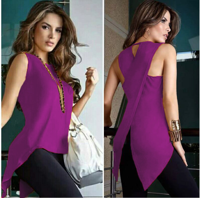 European and American Cross-border Ten-color Six-size Spot Women's Sleeveless Sexy Top Round Neck Back Cross Solid Color Slim T-shirt