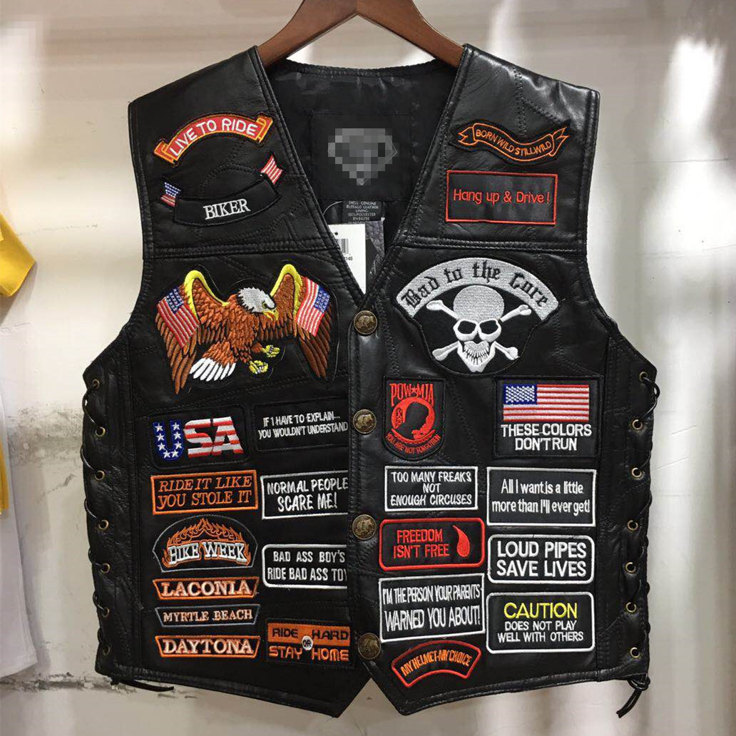 American Harley Vest Leather Vest Riding Vest 42 Embroidered Badge Leather Vest Men