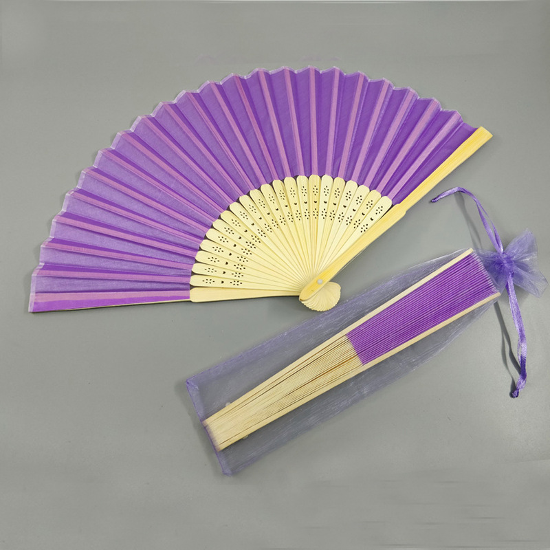 21cm Fan + Organza Bag Multicolor Solid Color Wedding Cloth Fan Bamboo Bone Silk Cloth Surface Wedding Gift Elegant Fan