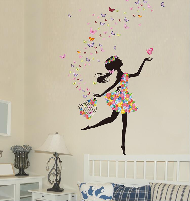 花仙子墙贴花精灵女孩温馨客厅卧室蝴蝶纸装饰画背景墙玻璃装饰贴