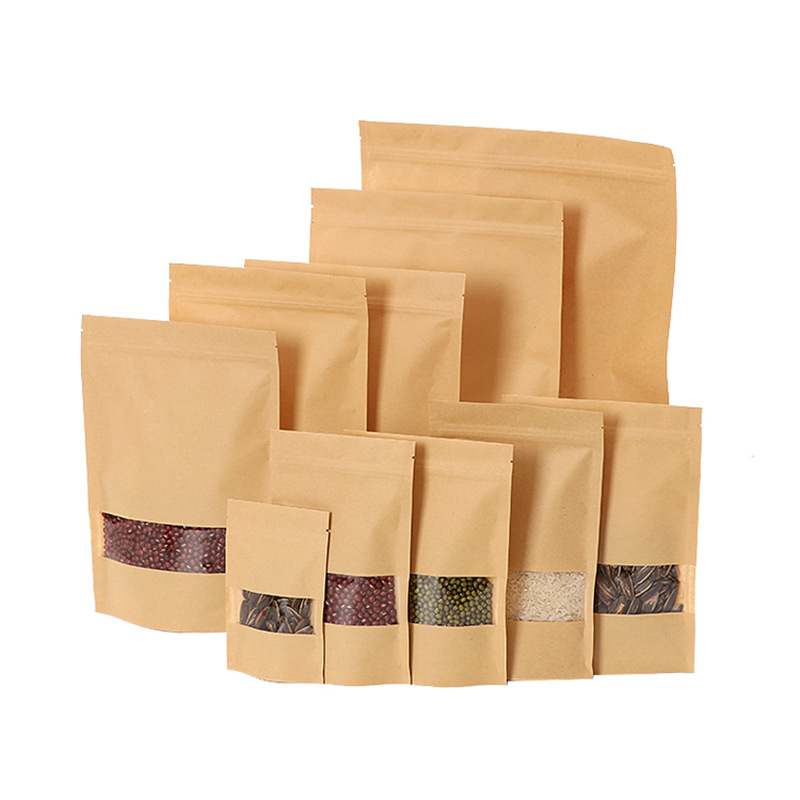 In stock wholesale Kraft paper ziplock packaging window food packaging bag transparent tea nut sealed bag