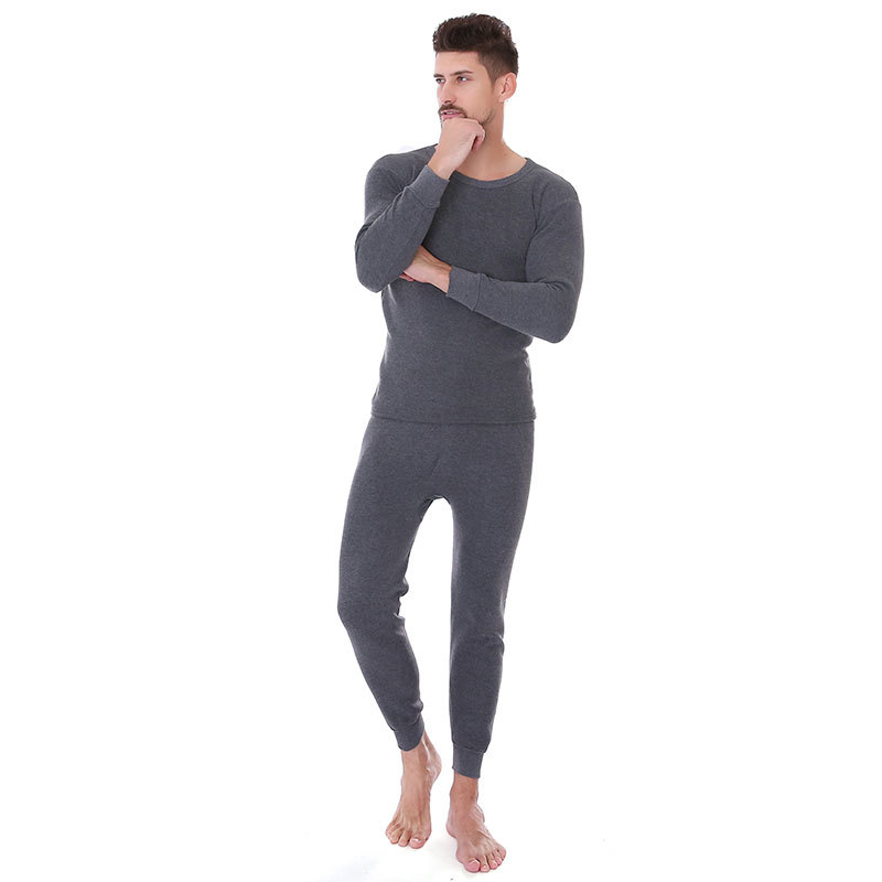 Autumn and Winter Men's Thermal Underwear Set Fleece-lined Thickened Solid Color Autumn Clothes and Autumn Trousers Base Round Neck Winter Underwear for Men