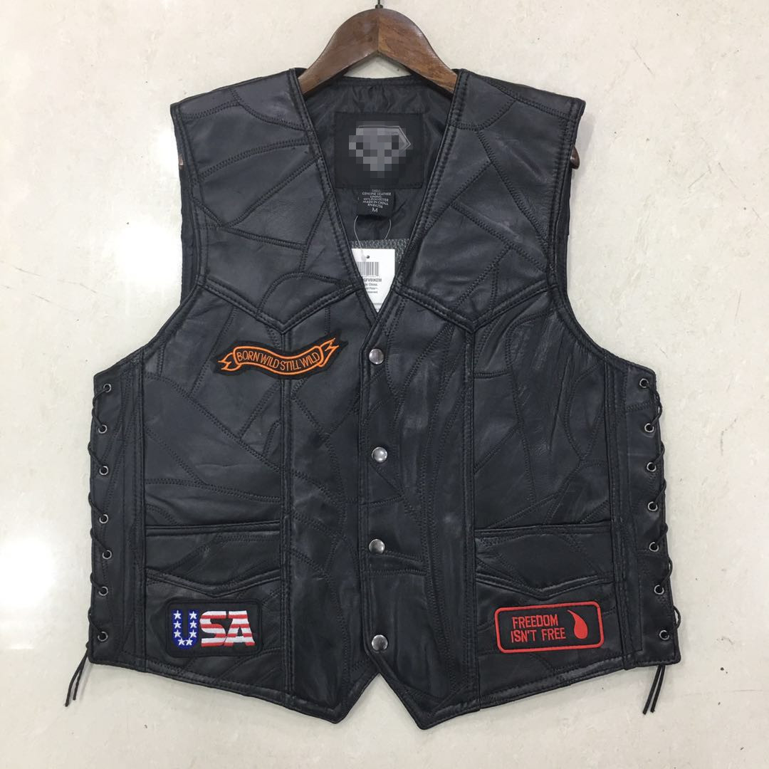 Harley Motorcycle Vest Riding Waistcoat Men's Leather Vest Golden Eagle 9 Embroidered Badge Pad