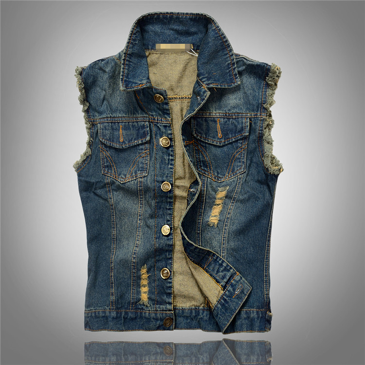 Large Size Korean Style Youth Fashionable Men's Denim Vest Men's Vest Waistcoat Foreign Trade Hole Casual Vest
