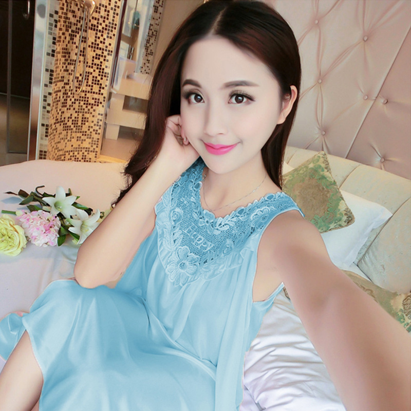 Spring and Summer Silk Nightgown Women's Sexy Nightgown Summer Ice Silk Lace Large Dress Solid Color Home Clothes