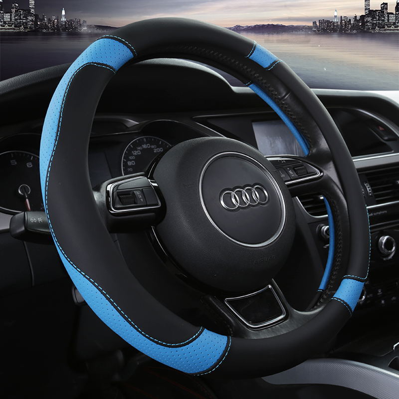 New steering wheel cover four seasons universal ultra-thousand leather stitching printing car handle cover non-slip breathable one-piece delivery