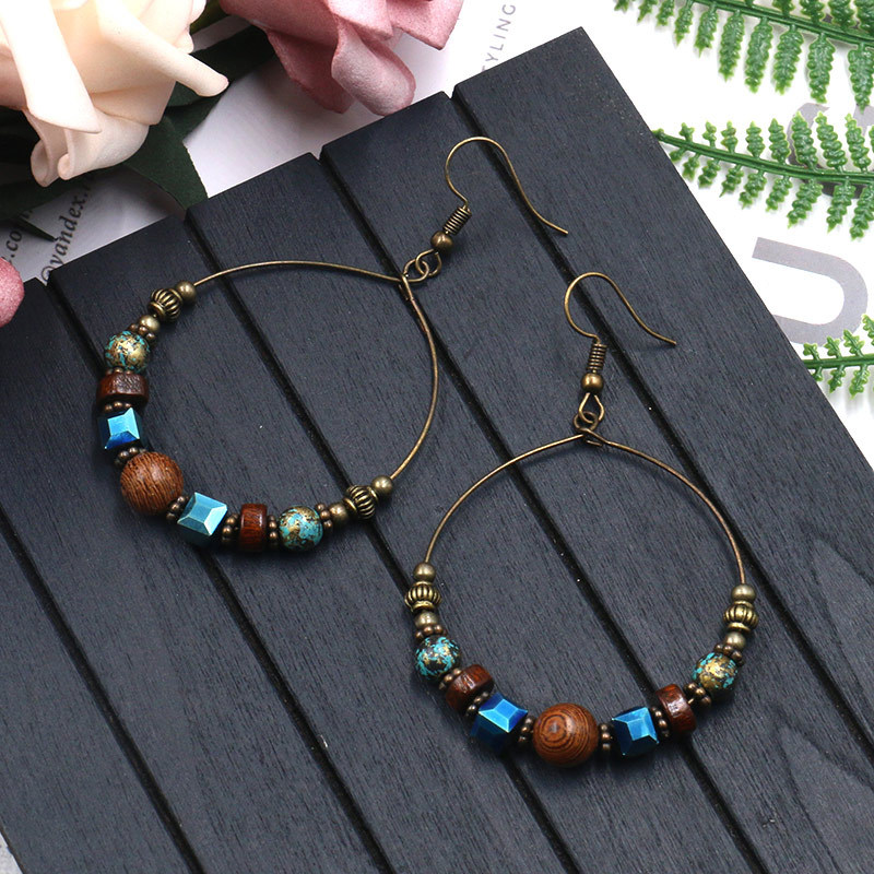 Cross-border Ethnic Style Large Circle Metal Earrings Women's European and American Fashion Round Earrings Creative Wooden Beads Turquoise Accessories