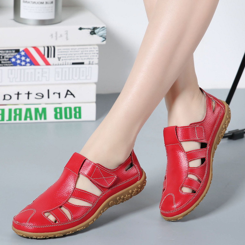 Original Handmade Vintage Leather Sandals Comfortable Soft Sole Mom Shoes Cowhide Magic Stick Casual Women's Shoes