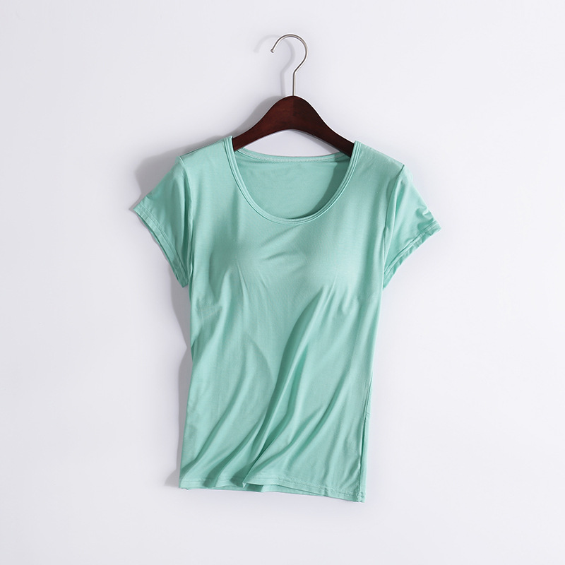 Modal T-shirt Women's Spring and Autumn Solid Color Short-sleeved Bra-free Yoga Bottoming Outer Wearing Cup All-in-one Home Clothes Inner Wearing