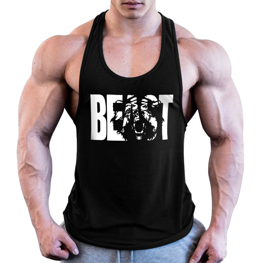 跨境歐美男士健身運動背心夏季棉質歐碼背心BEAST印花寬肩帶背心
