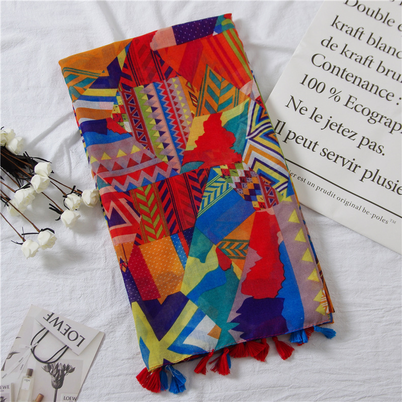 Vintage Ethnic Cotton and Linen Scarf Atmospheric Fashion Color Geometric Printing Seaside Holiday Travel Beach Towel Shawl
