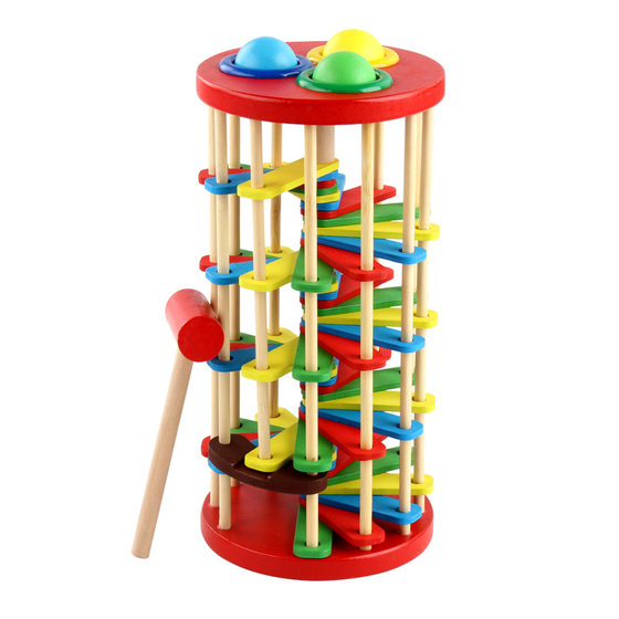 Children's Environmental Protection Wooden Color Rotating Ball Ladder Knocking Toy Hand-eye Coordination Early Education Educational Playing Table