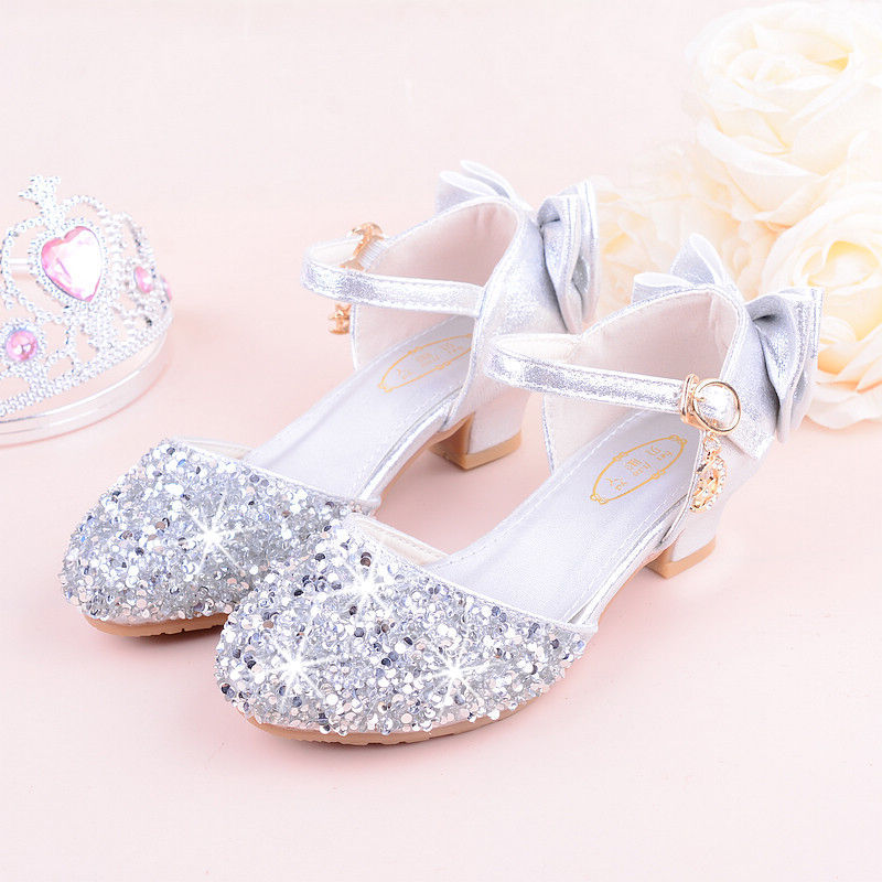 Girls Sandals High Heel 2023 Summer Rhinestone Bow Princess Model Performance Crystal Shoes Silver New Trendy