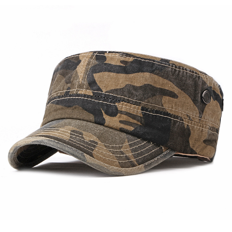 Men's Flat Top Hat Washed Spring New Outdoor Cap Women's Sunscreen Sun Hat Camouflage Simple Army Hat