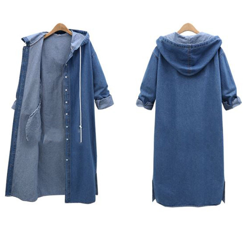 Cross-border supply European station autumn and winter denim coat hooded long sleeve denim shirt single-breasted long denim trench coat women