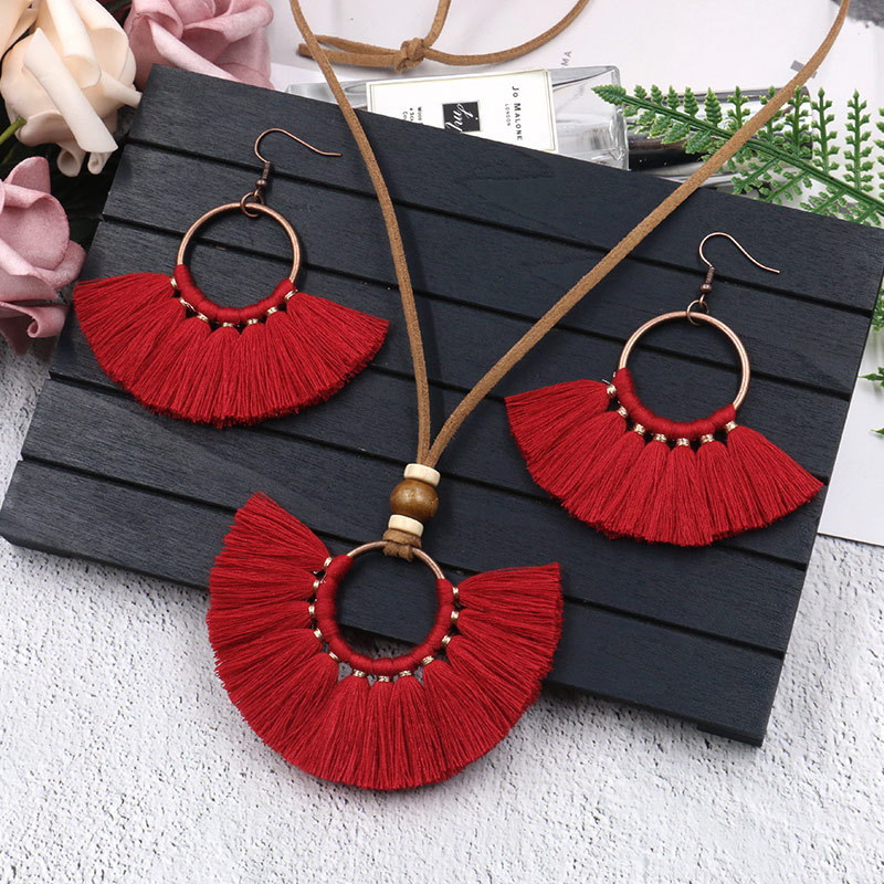 European and American personality fan tassel earrings necklace jewelry set fashion retro round jewelry wholesale factory direct sales