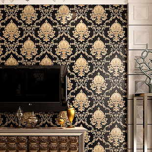 European Luxury Black Damascus Wallpaper Stereo Deep Embossed Living Room TV Background Wallpaper Hotel Wallpaper