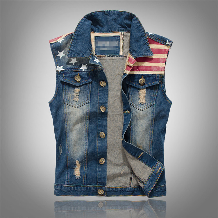 Trendy Men's Large Size Korean Style Denim Vest Men's Denim Vest Waistcoat American Flag Casual Vest
