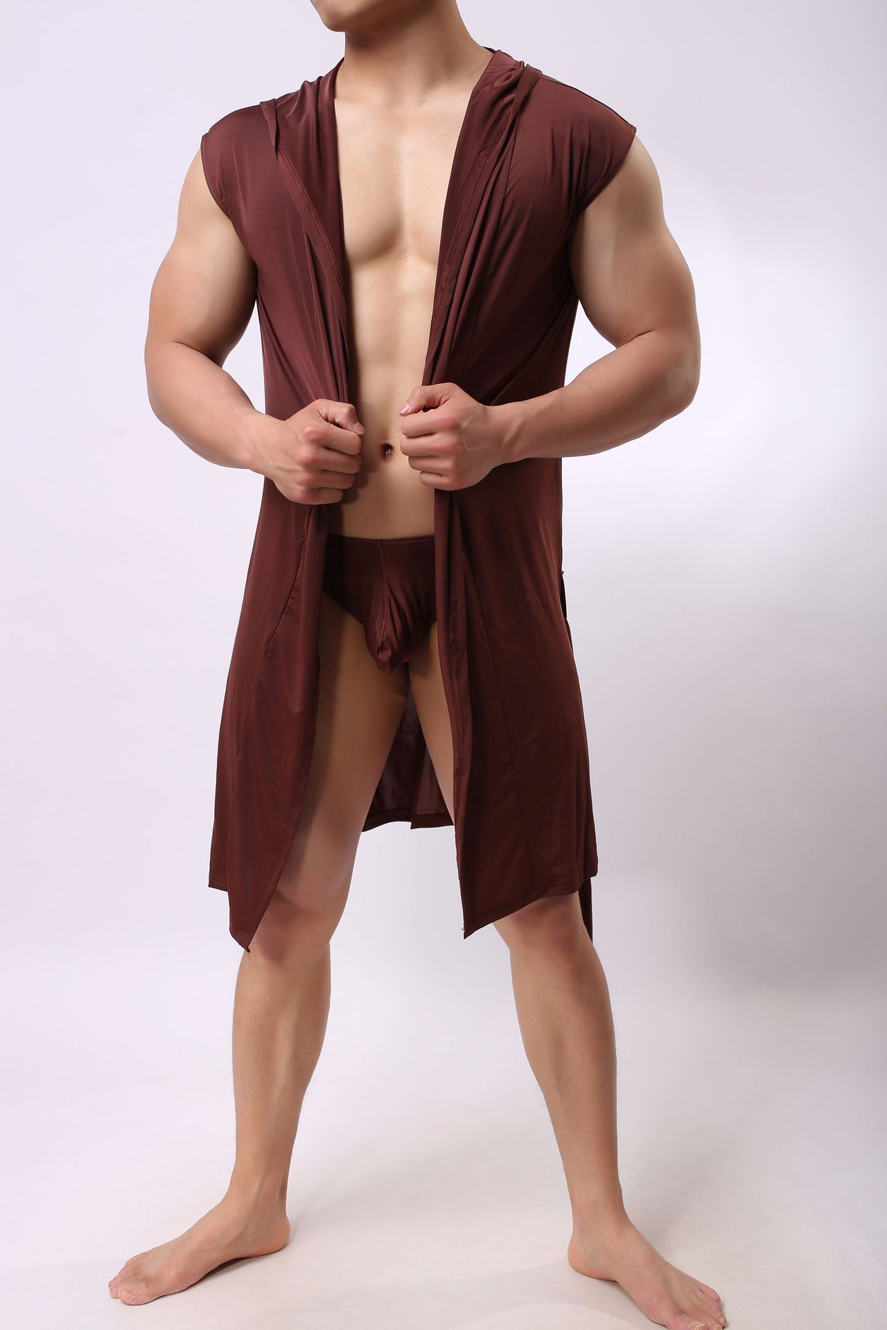 European version men's home bathrobe sleeveless silky men's hooded bathrobe robe men's ultra-thin bathrobe
