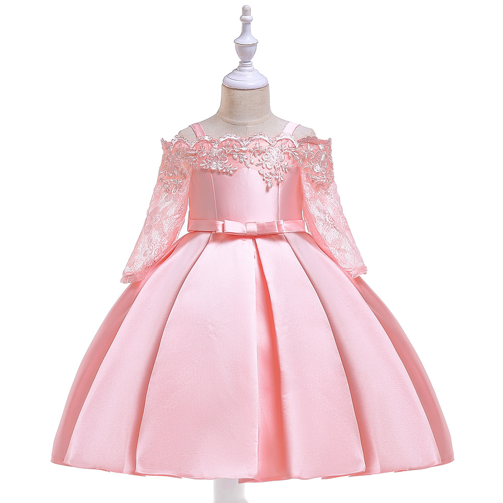 2024 New girls' princess dress off-shoulder strap dress lace hollow long sleeve dress twill satin embroidered dress