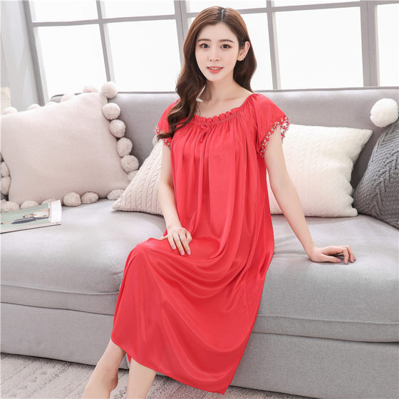 Summer middle-aged and elderly plus size plus size chubby girl Women's mother Ice Silk short sleeve pregnant women's mid-length loose nightdress wholesale