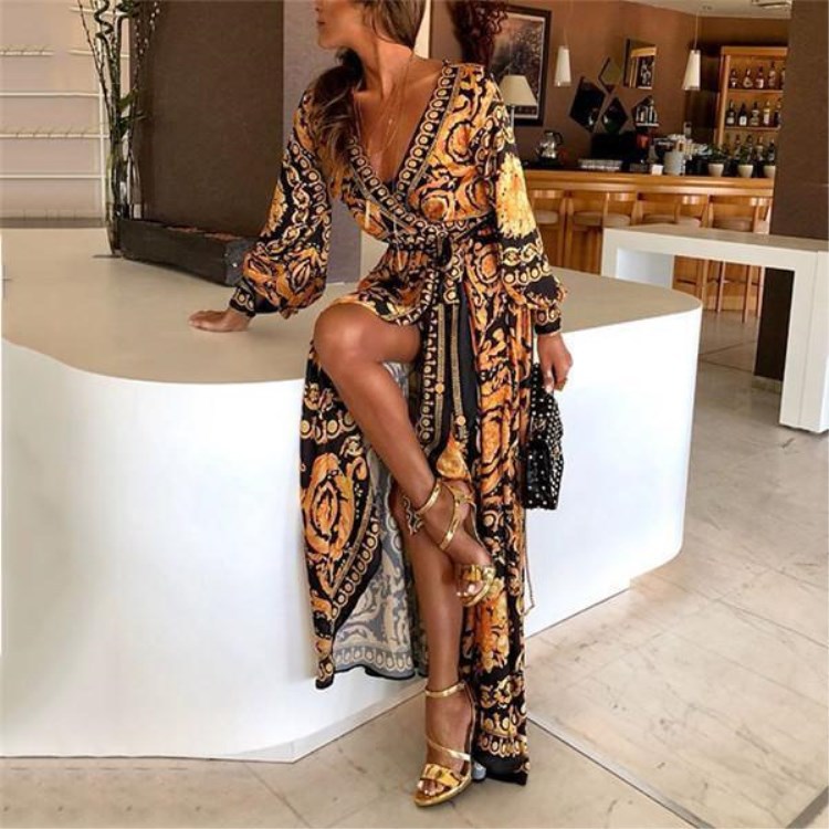 2023 Cross-border Explosions Spot European and American Retro Printed Dress V-Neck Pullover Retro Long Sleeve Large Split