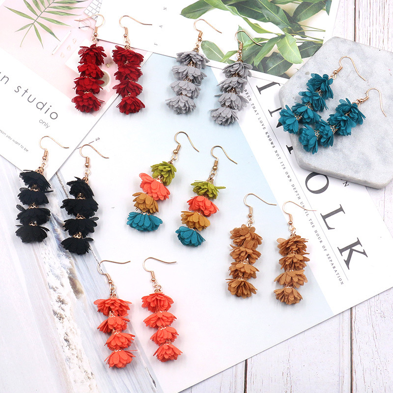 Fashion simple fabric flower earrings women's creative multi-layer tassel earrings Bohemian holiday jewelry wholesale